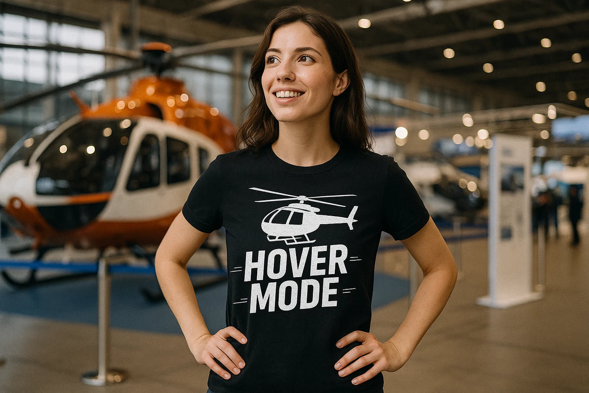 Lifestyle shot of the "Hover Mode" black helicopter shirts in a real-world setting