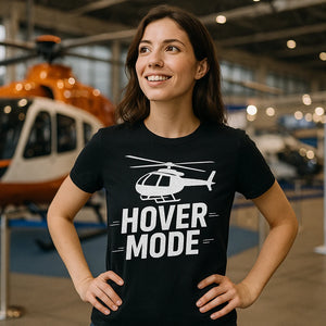 Lifestyle shot of the "Hover Mode" black helicopter shirts in a real-world setting