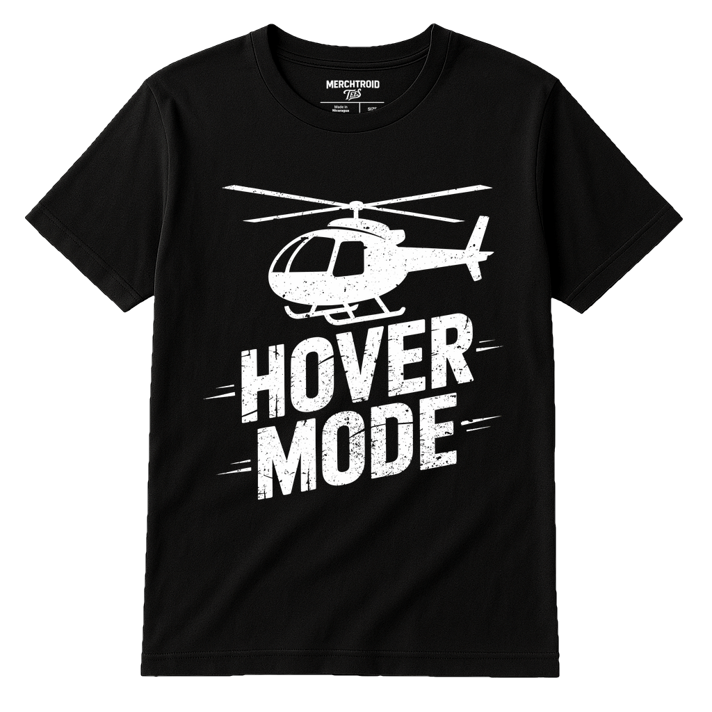 Black Helicopter Shirts - "Hover Mode" graphic tee with white print, flat lay product photo