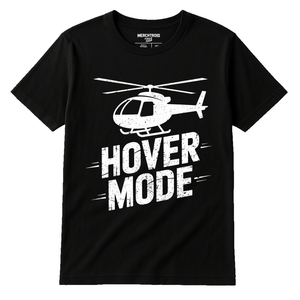 Black Helicopter Shirts - "Hover Mode" graphic tee with white print, flat lay product photo