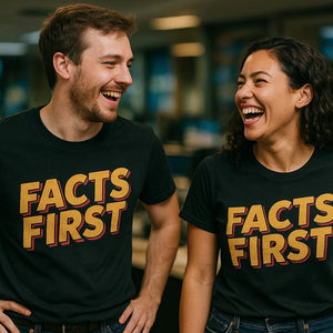 Person wearing the black journalist t shirt graphic tee - "Facts First" design