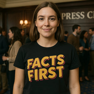 Lifestyle shot of the "Facts First" black journalist t shirt in a real-world setting