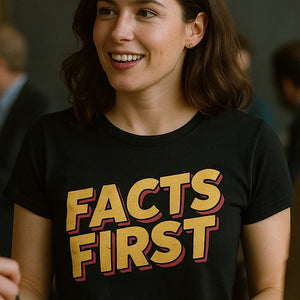 "Facts First" black journalist t shirt, photographed as journalist lover gift