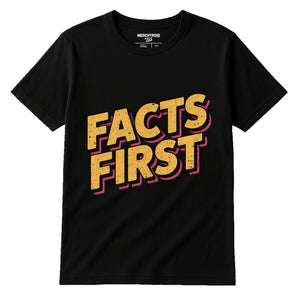 Black Journalist T Shirt - "Facts First" graphic tee with gold print, flat lay product photo
