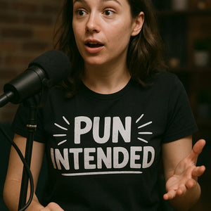 "Pun Intended" black comedy couple tees, photographed as gifts for comedy lovers