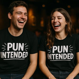 Person wearing the black comedy couple tees graphic tee - "Pun Intended" design
