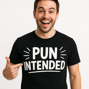 Close-up of the "Pun Intended" white print on a premium Bella+Canvas black comedy couple tees