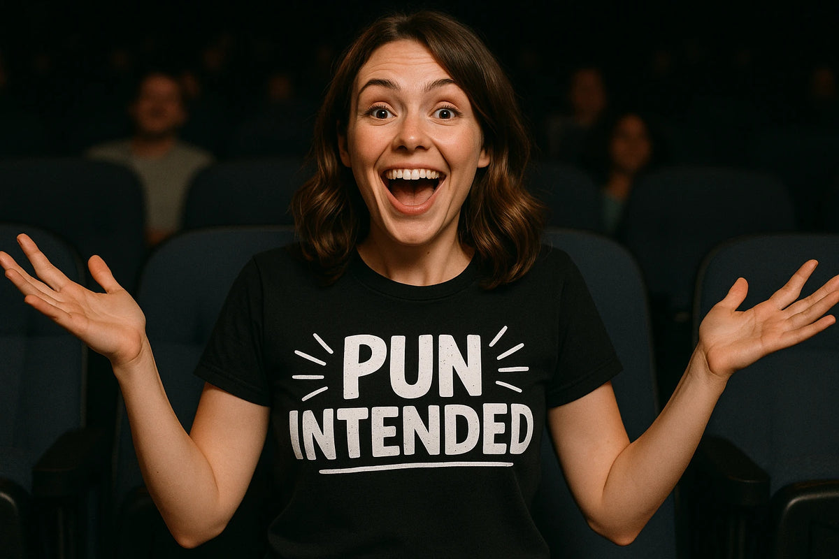 Lifestyle shot of the "Pun Intended" black comedy couple tees in a real-world setting