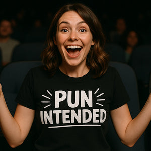 Lifestyle shot of the "Pun Intended" black comedy couple tees in a real-world setting