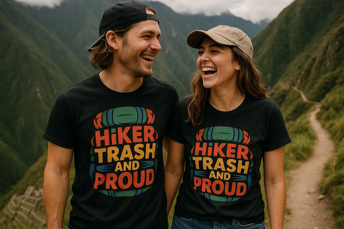 Person wearing the black backpacking t shirt graphic tee - "Hiker Trash and Proud" design