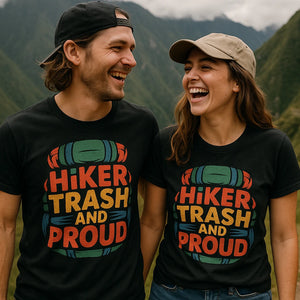 Person wearing the black backpacking t shirt graphic tee - "Hiker Trash and Proud" design