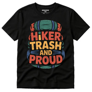 Black Backpacking T Shirt - "Hiker Trash and Proud" graphic tee with orange print, flat lay product photo