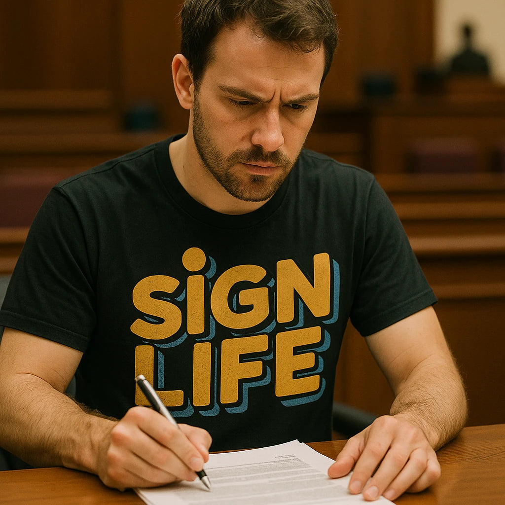 "Sign Life" black interpreter t shirt, photographed as interpreter present