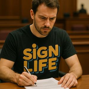 "Sign Life" black interpreter t shirt, photographed as interpreter present