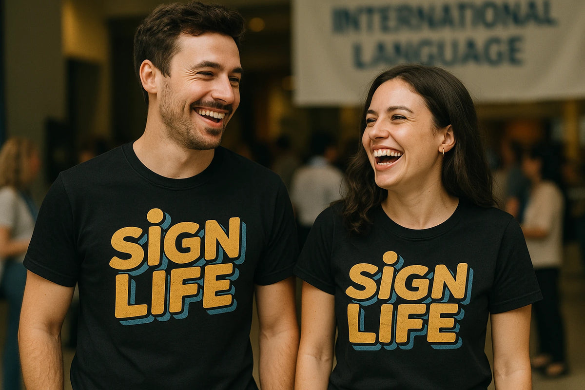 Person wearing the black interpreter t shirt graphic tee - "Sign Life" design