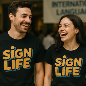 Person wearing the black interpreter t shirt graphic tee - "Sign Life" design