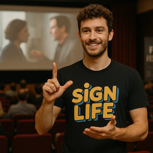 Lifestyle shot of the "Sign Life" black interpreter t shirt in a real-world setting