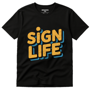 Black Interpreter T Shirt - "Sign Life" graphic tee with gold print, flat lay product photo