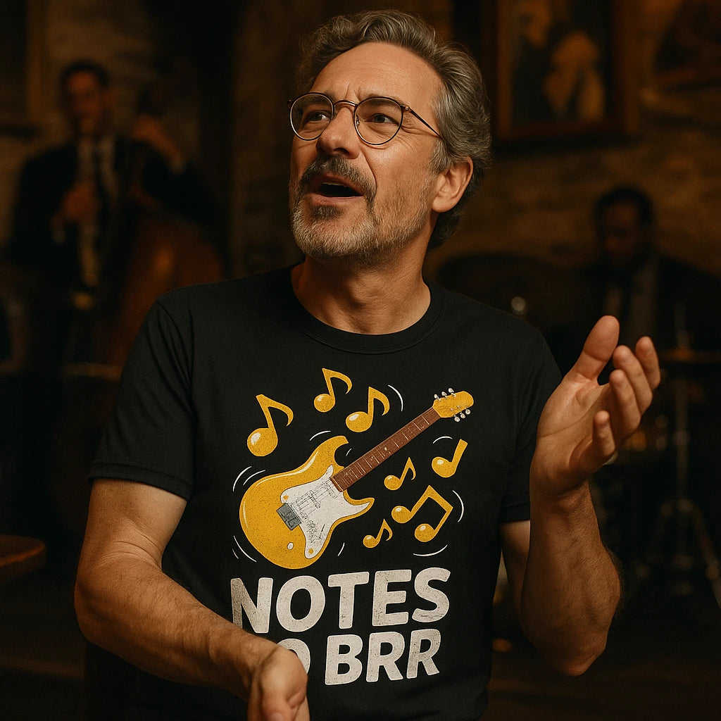 "Notes Go Brr" black musician graphic tees - also a musician lover gift ideas