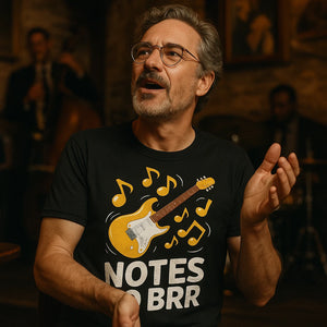 "Notes Go Brr" black musician graphic tees - also a musician lover gift ideas
