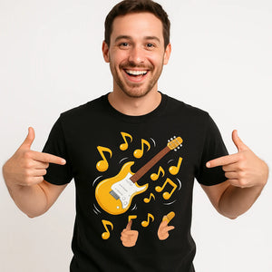 Close-up of the "Notes Go Brr" white print on a premium Bella+Canvas black musician graphic tees