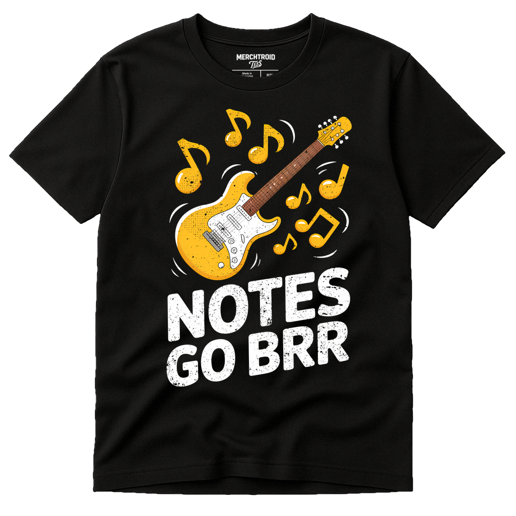 Black Musician Graphic Tees - "Notes Go Brr" graphic tee with white print, flat lay product photo