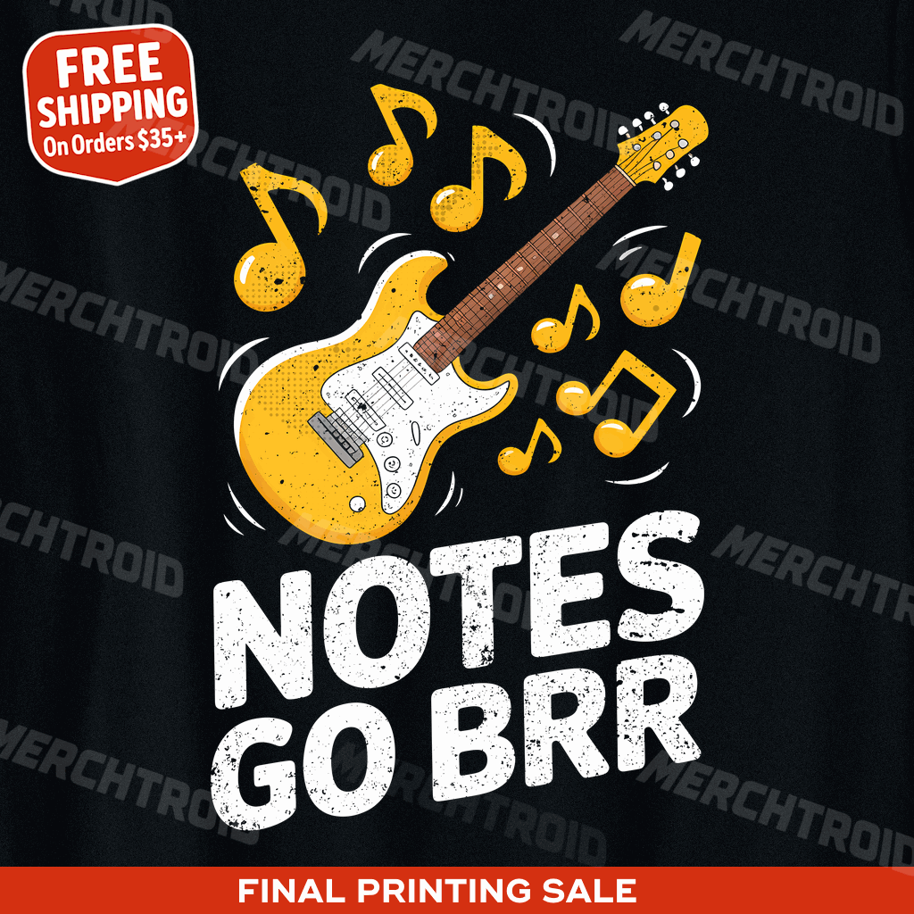 "Notes Go Brr" black musician graphic tees, photographed as best gifts for musicians