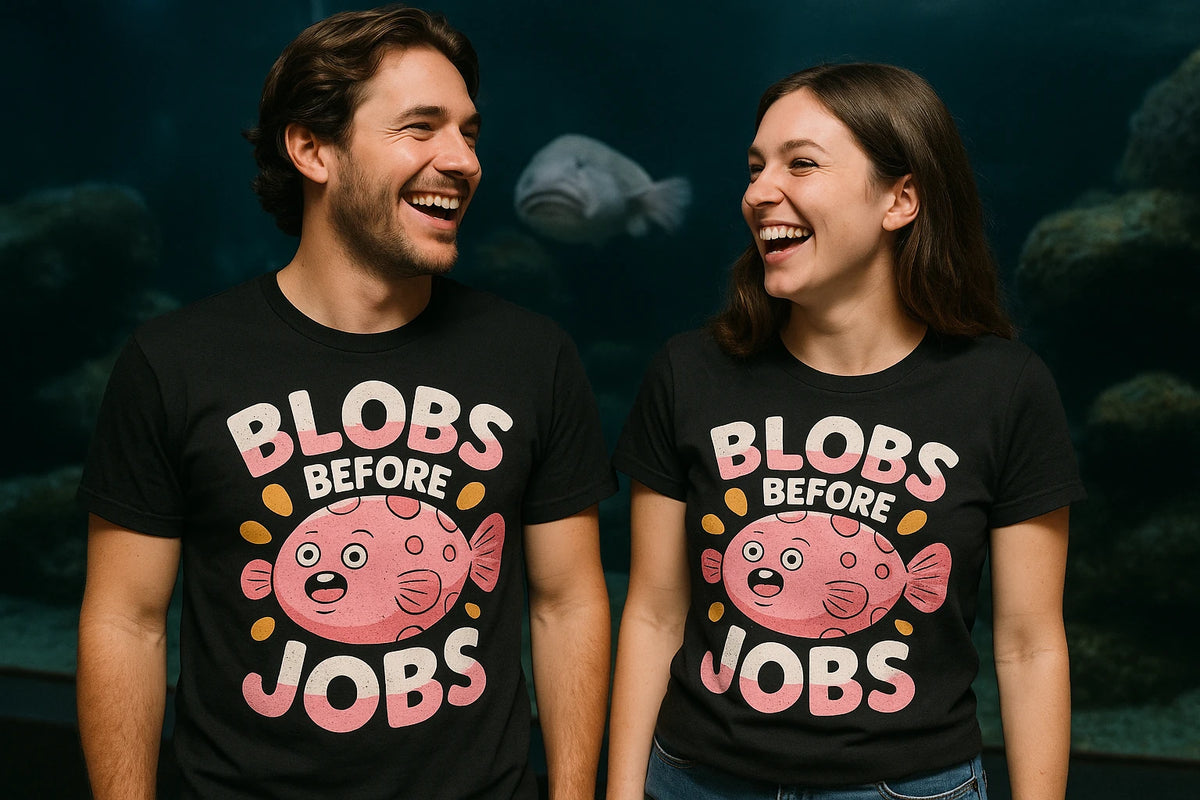 Person wearing the black blobfish t shirt graphic tee - "Blobs Before Jobs" design