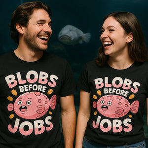 Person wearing the black blobfish t shirt graphic tee - "Blobs Before Jobs" design