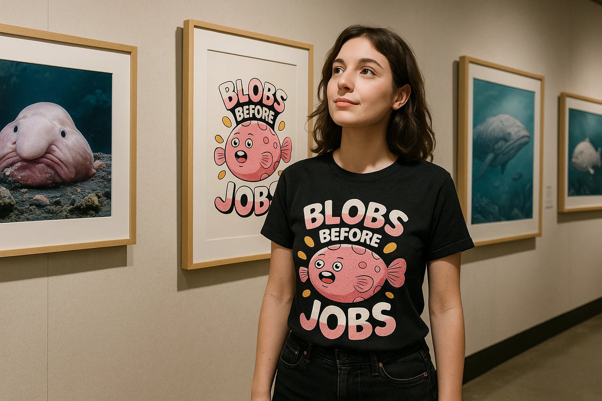 Lifestyle shot of the "Blobs Before Jobs" black blobfish t shirt in a real-world setting
