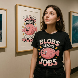 Lifestyle shot of the "Blobs Before Jobs" black blobfish t shirt in a real-world setting