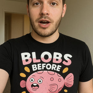 "Blobs Before Jobs" black blobfish t shirt, photographed as blobfish lover gift