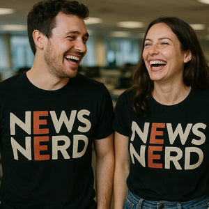 Person wearing the black journalist t shirt graphic tee - "News Nerd" design