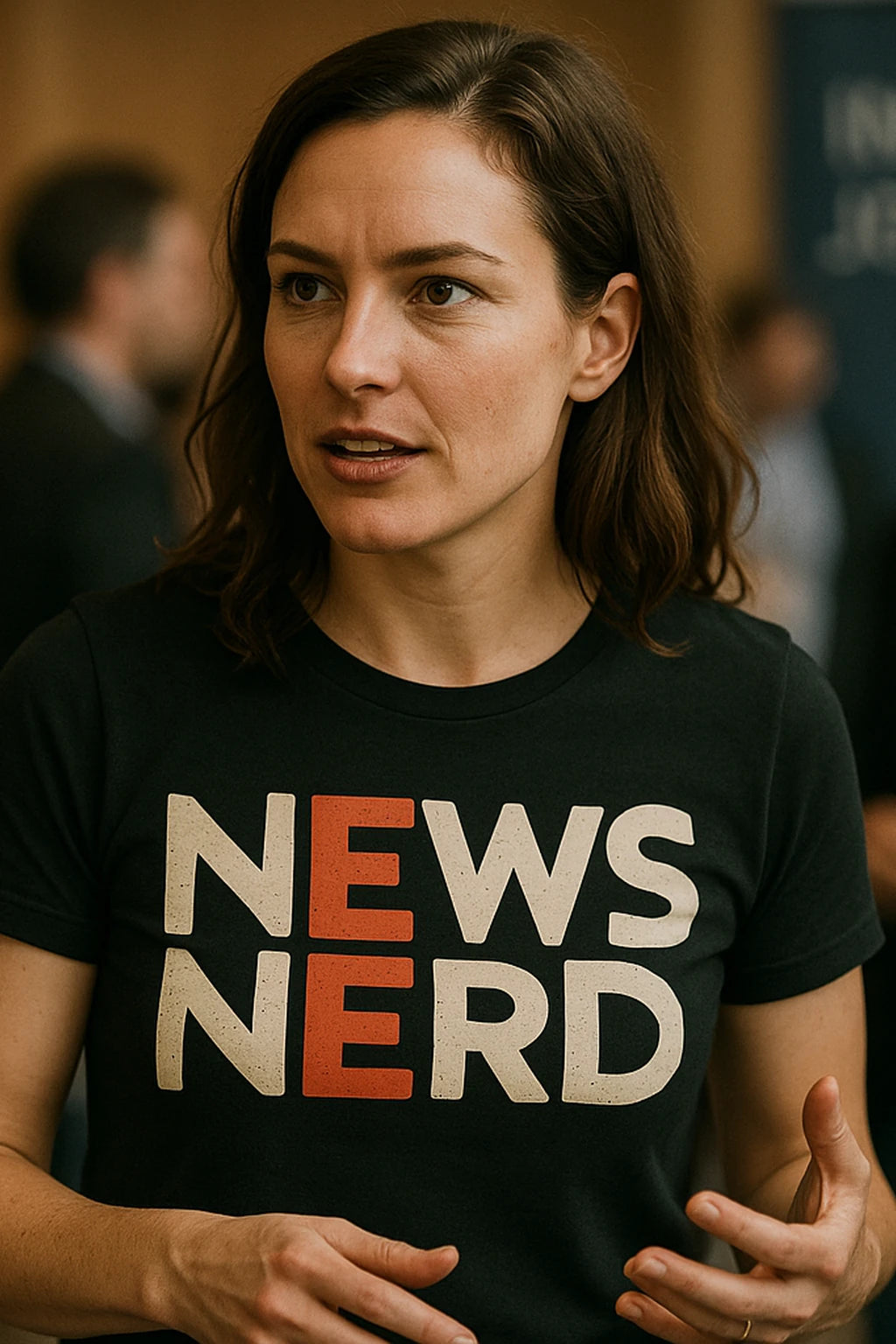 "News Nerd" black journalist t shirt, photographed as journalist lover gift