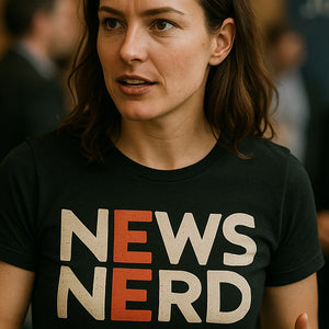 "News Nerd" black journalist t shirt, photographed as journalist lover gift