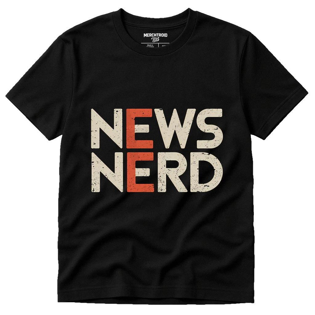Black Journalist T Shirt - "News Nerd" graphic tee with beige print, flat lay product photo