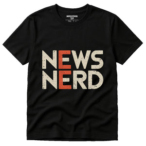 Black Journalist T Shirt - "News Nerd" graphic tee with beige print, flat lay product photo