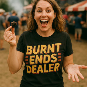 "Burnt Ends Dealer" black bbq t shirt - also one of the gifts for someone who likes to bbq
