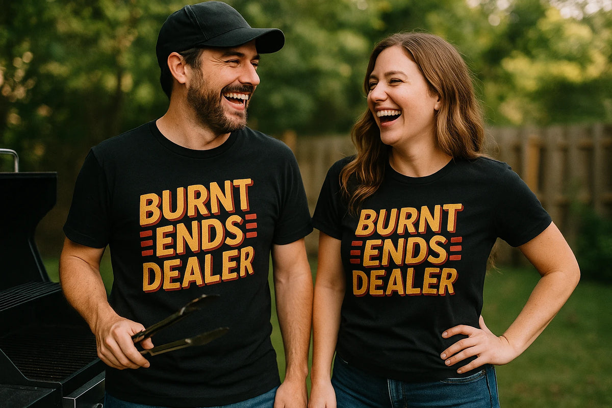 Person wearing the black bbq t shirt graphic tee - "Burnt Ends Dealer" design