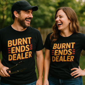 Person wearing the black bbq t shirt graphic tee - "Burnt Ends Dealer" design
