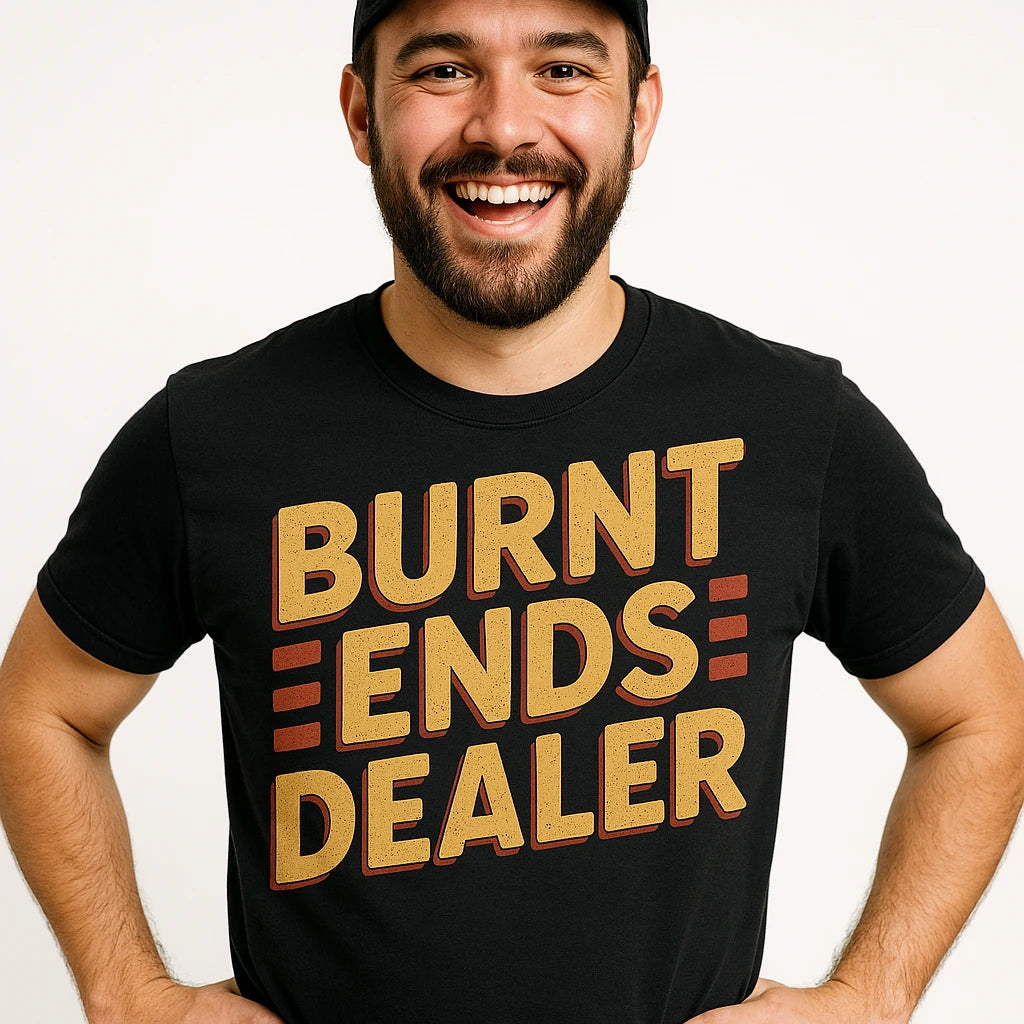 Close-up of the "Burnt Ends Dealer" gold print on a premium Bella+Canvas black bbq t shirt