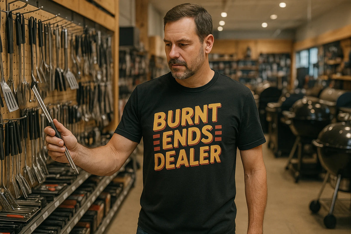 Lifestyle shot of the "Burnt Ends Dealer" black bbq t shirt in a real-world setting