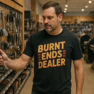 Lifestyle shot of the "Burnt Ends Dealer" black bbq t shirt in a real-world setting
