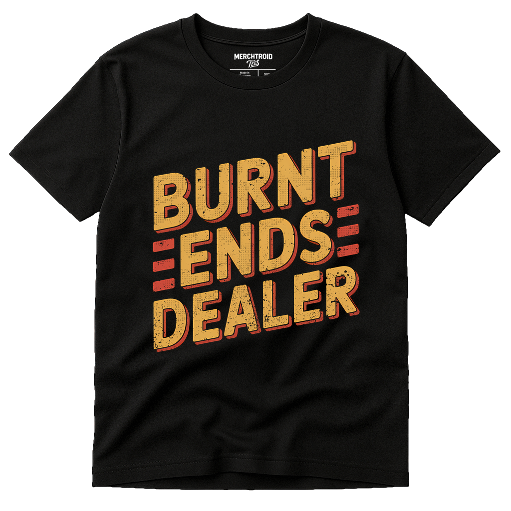 Black Bbq T Shirt - "Burnt Ends Dealer" graphic tee with gold print, flat lay product photo
