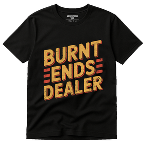 Black Bbq T Shirt - "Burnt Ends Dealer" graphic tee with gold print, flat lay product photo