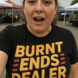 "Burnt Ends Dealer" black bbq t shirt - also one of the best gifts for bbq lovers