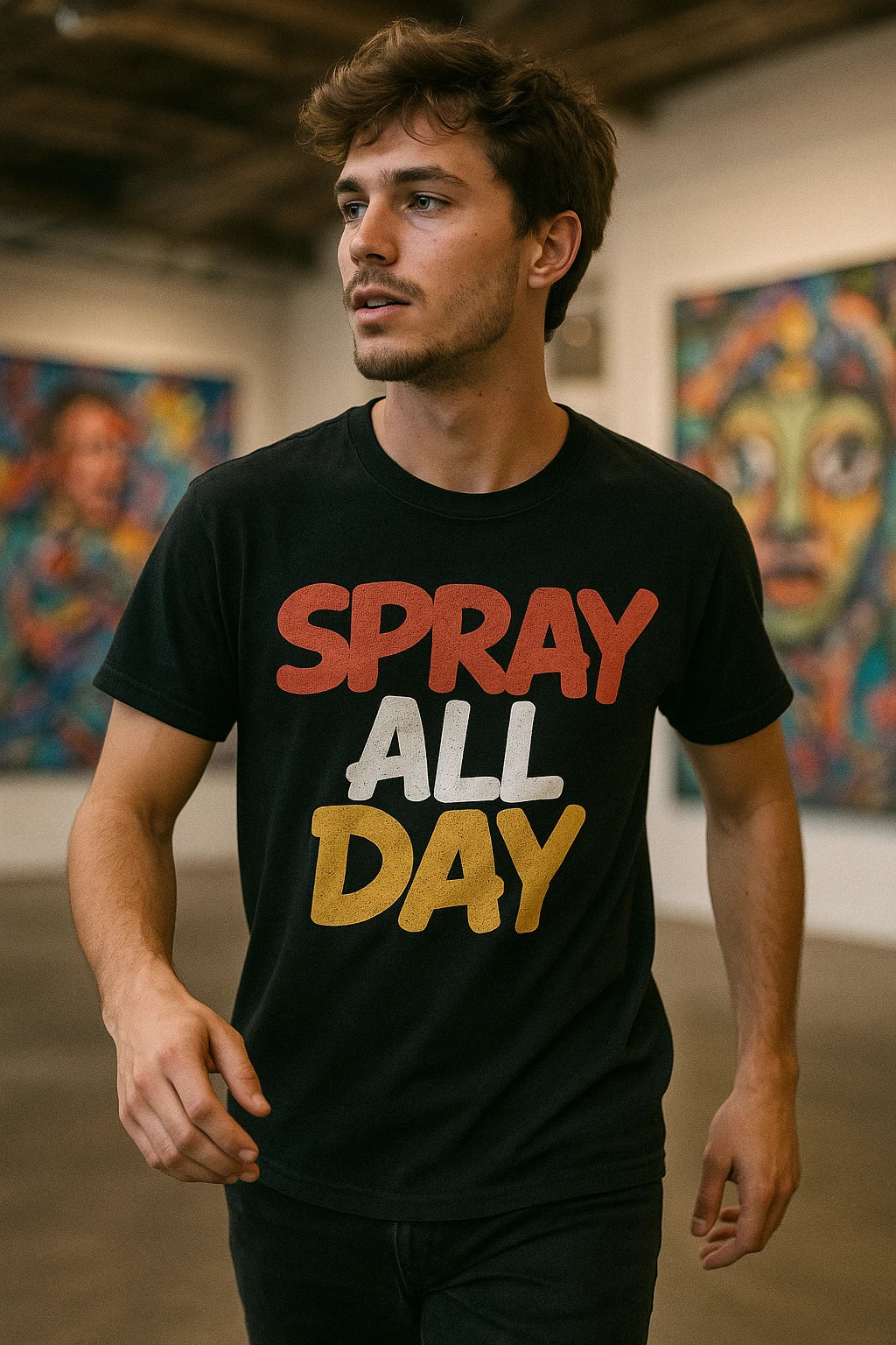 "Spray All Day" black street art tee shirts, photographed as gifts for street art lovers
