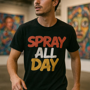 "Spray All Day" black street art tee shirts, photographed as gifts for street art lovers