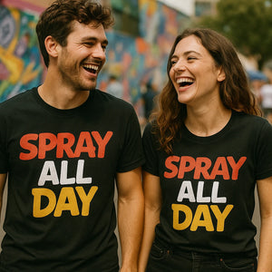 Person wearing the black street art tee shirts graphic tee - "Spray All Day" design