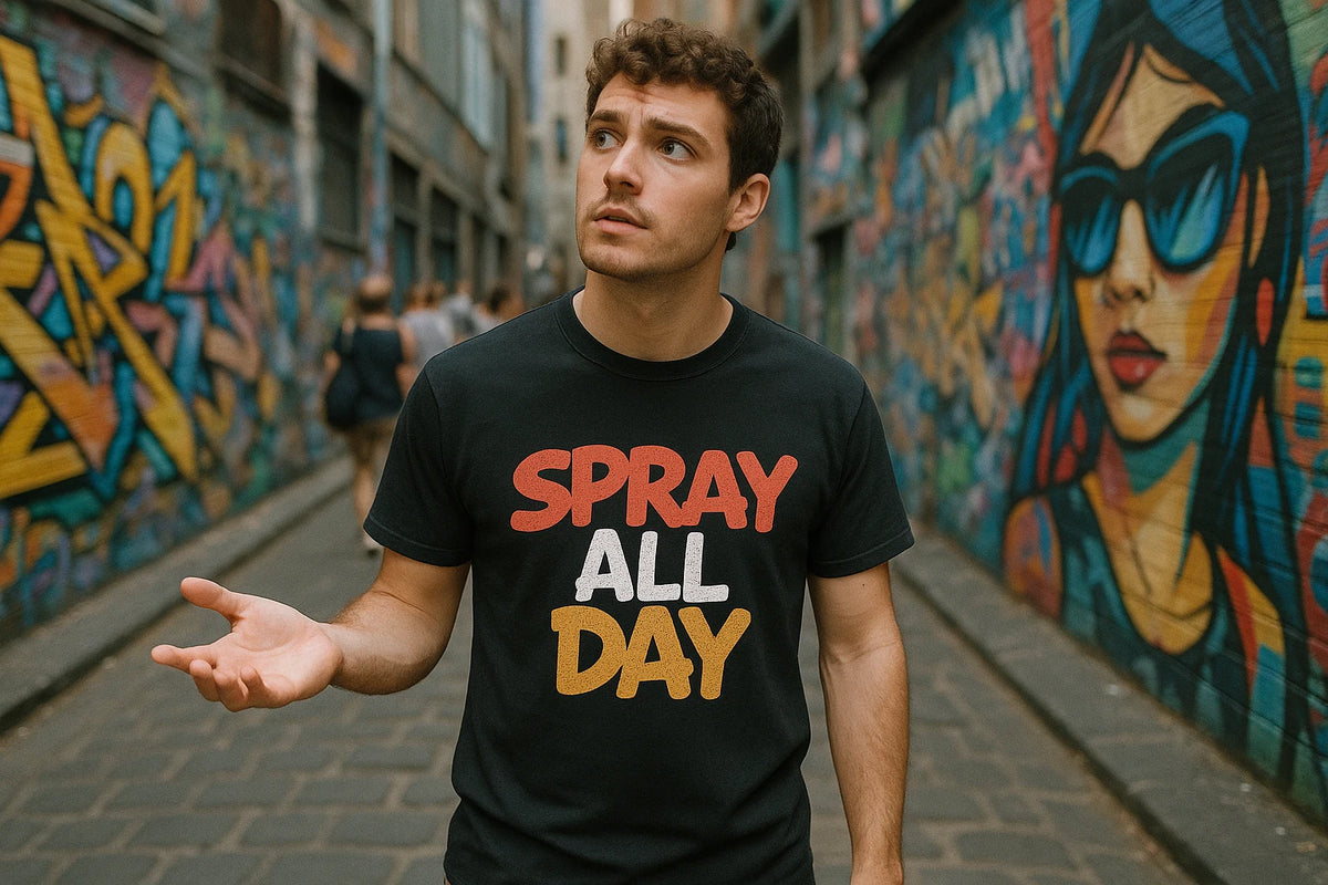 Lifestyle shot of the "Spray All Day" black street art tee shirts in a real-world setting